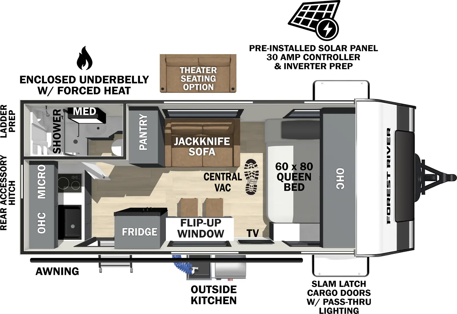 The Ibex 16MBJ floorplan has one entry and zero slide outs. Exterior features include: fiberglass exterior, 14' awning and outside kitchen. Interiors features include: front bedroom.